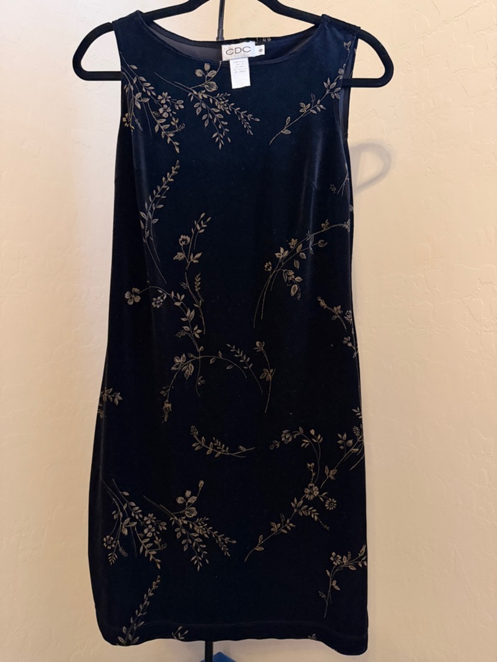 CDC Black Velvet Midi Dress with Gold Floral Motif size 6